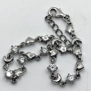 STERLING Silver Moon Stars Hearts & Clear / White Cz Stones Bracelet 6” - 7”